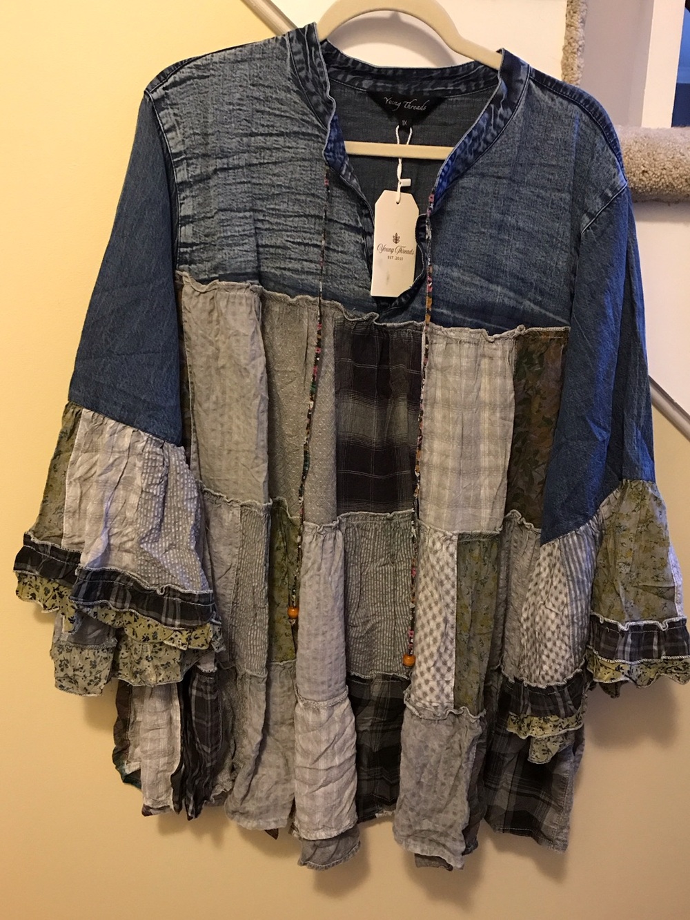 YOUNG THREADS NWT Top Denim Plaid Tiered Size 1X